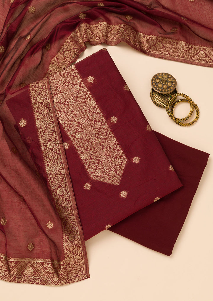 Maroon Zariwork Soft Silk Unstitched Salwar Suit