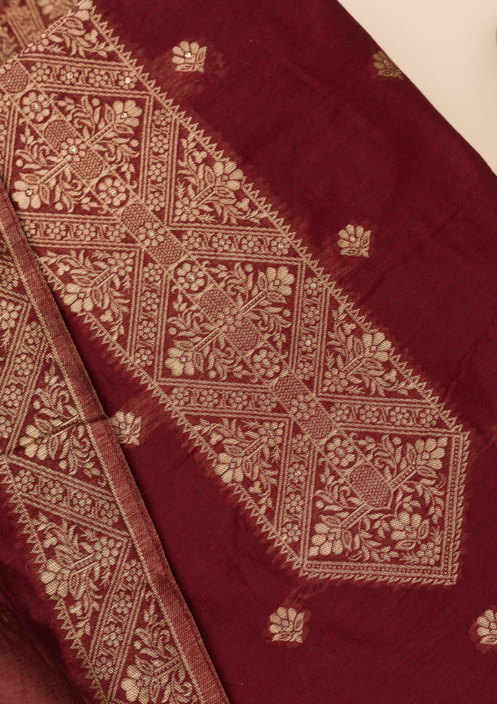 Maroon Zariwork Soft Silk Unstitched Salwar Suit