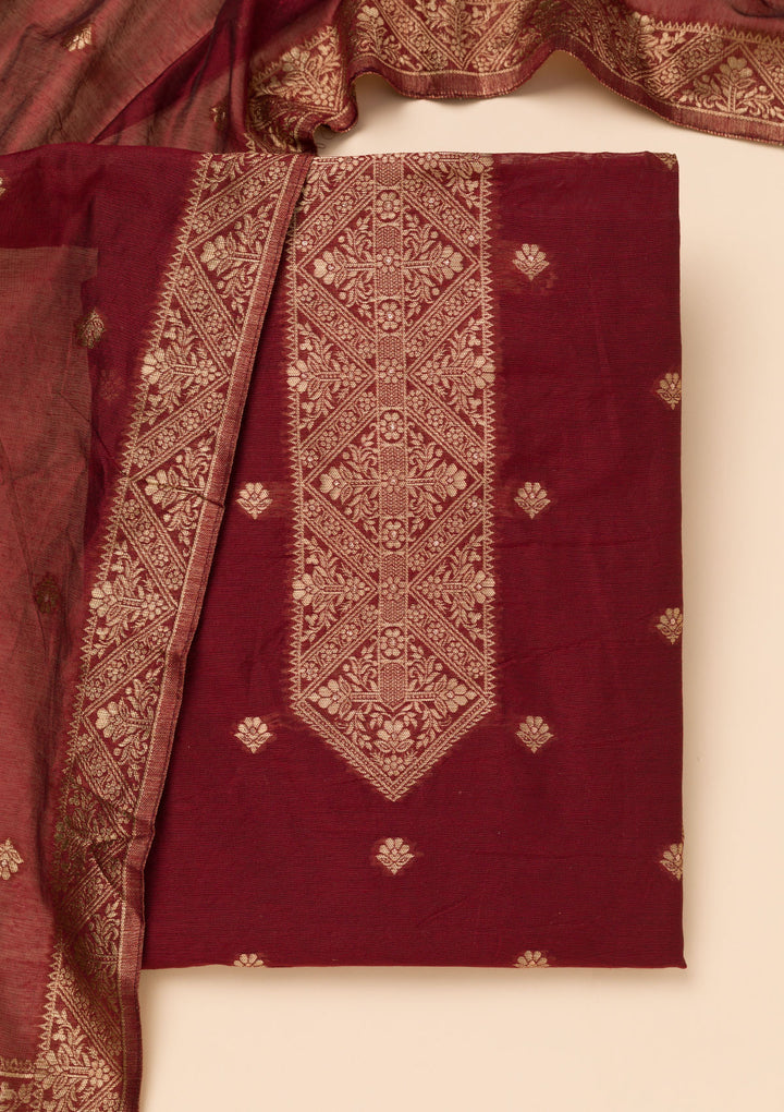 Maroon Zariwork Soft Silk Unstitched Salwar Suit