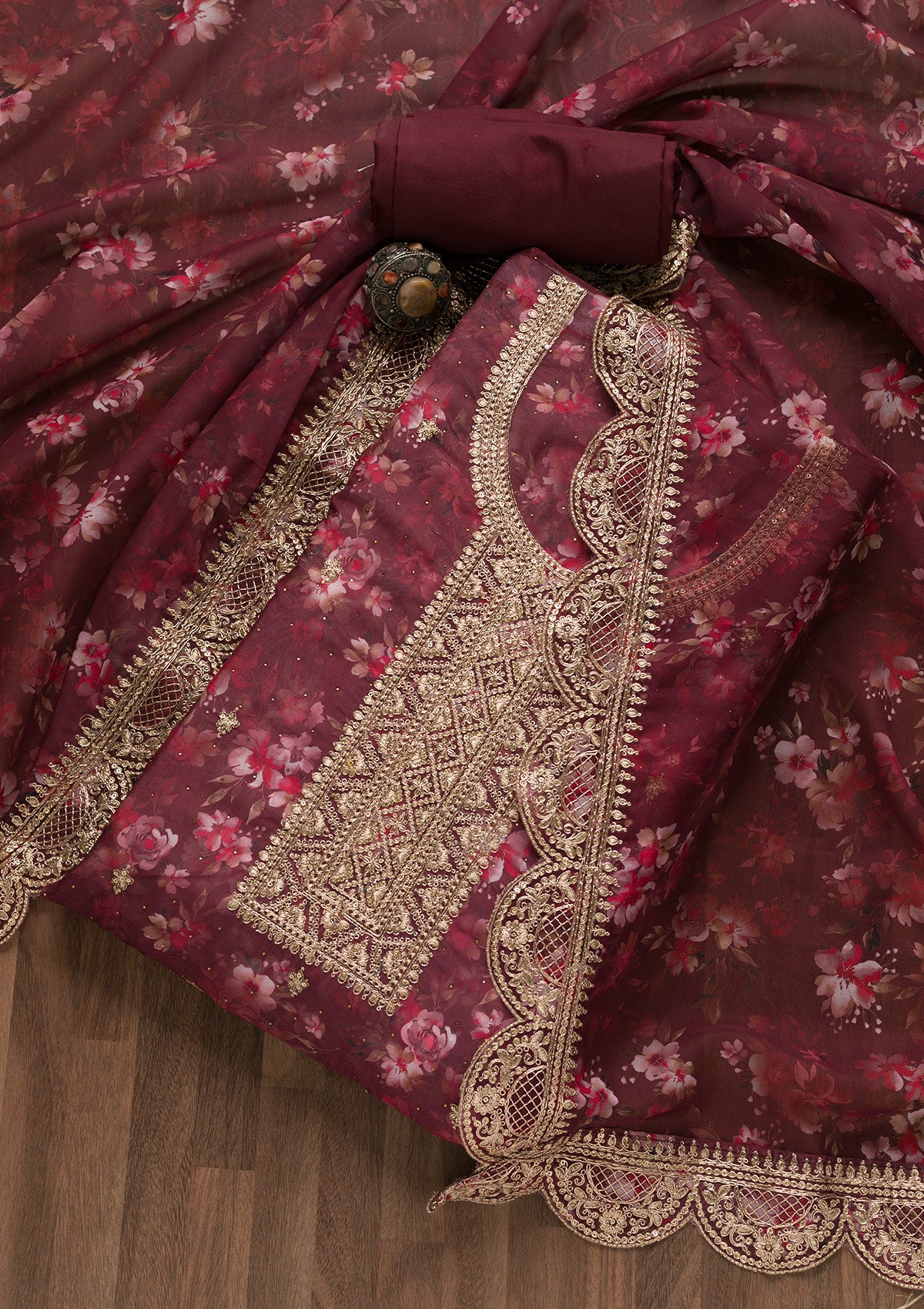 Maroon Zariwork Tissue Unstitched Salwar Suit