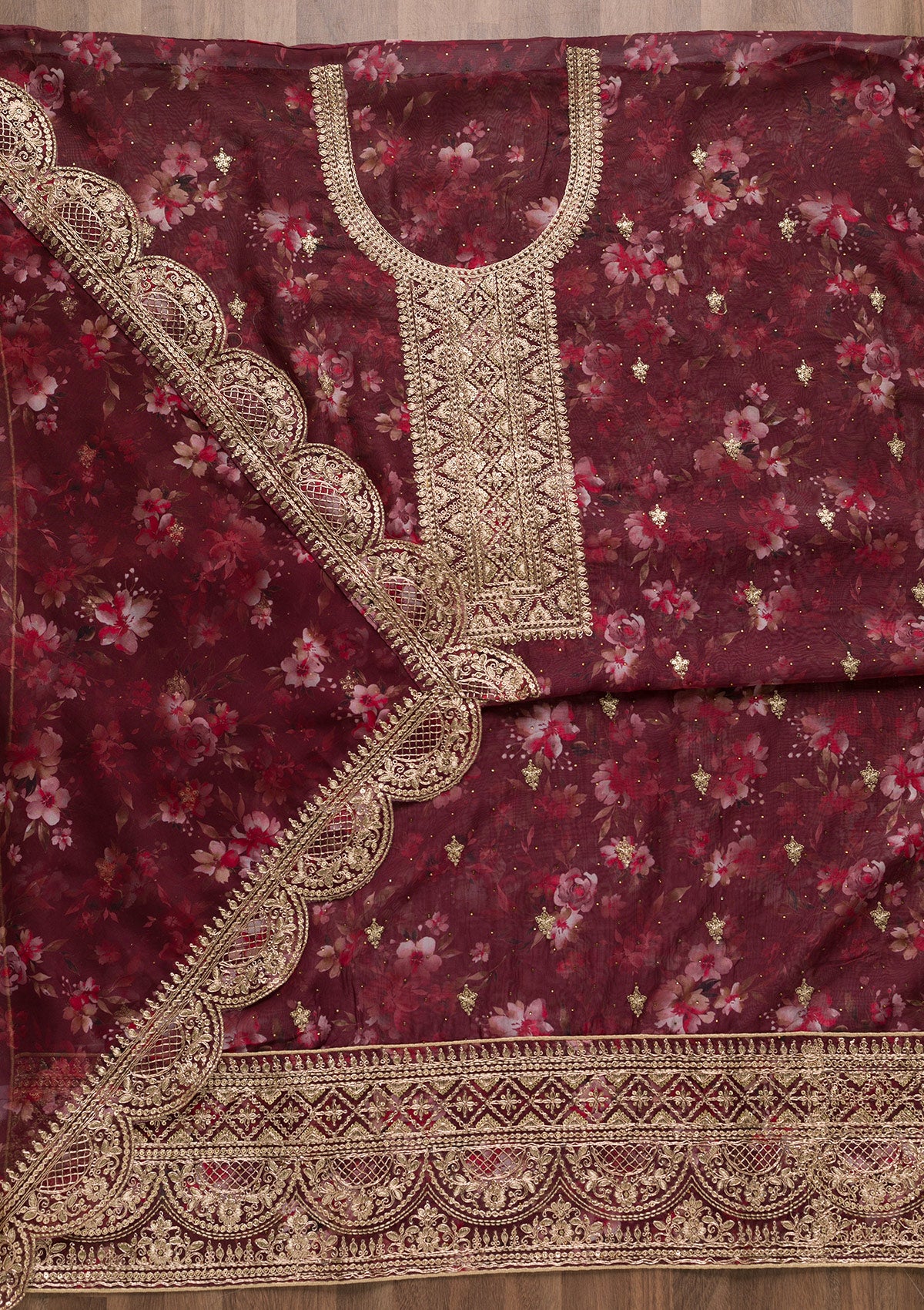 Maroon Zariwork Tissue Unstitched Salwar Suit