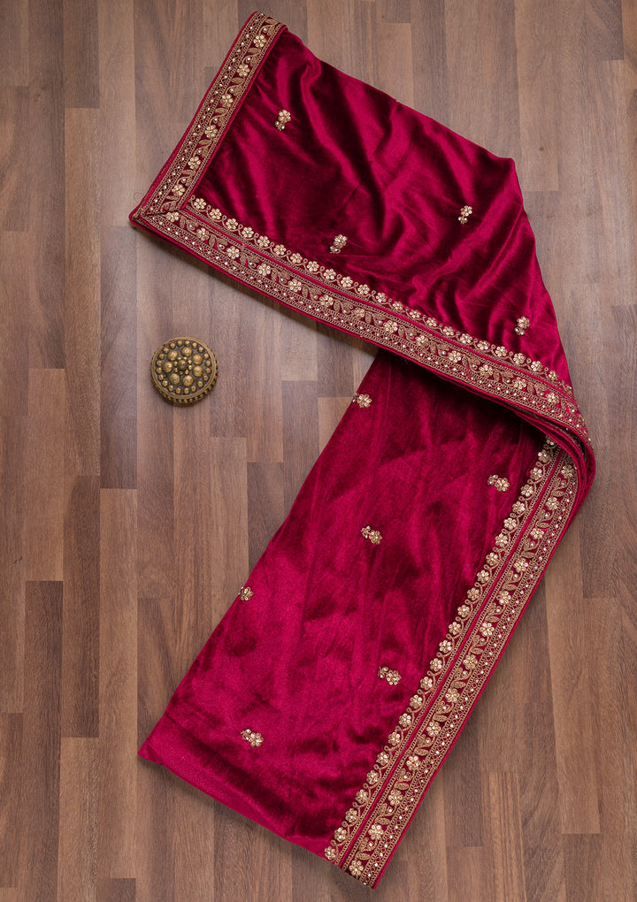 Maroon Zariwork Velvet Dupatta-Koskii