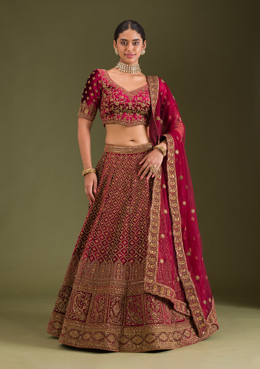 Maroon Zariwork Velvet Semi Stitched Lehenga
