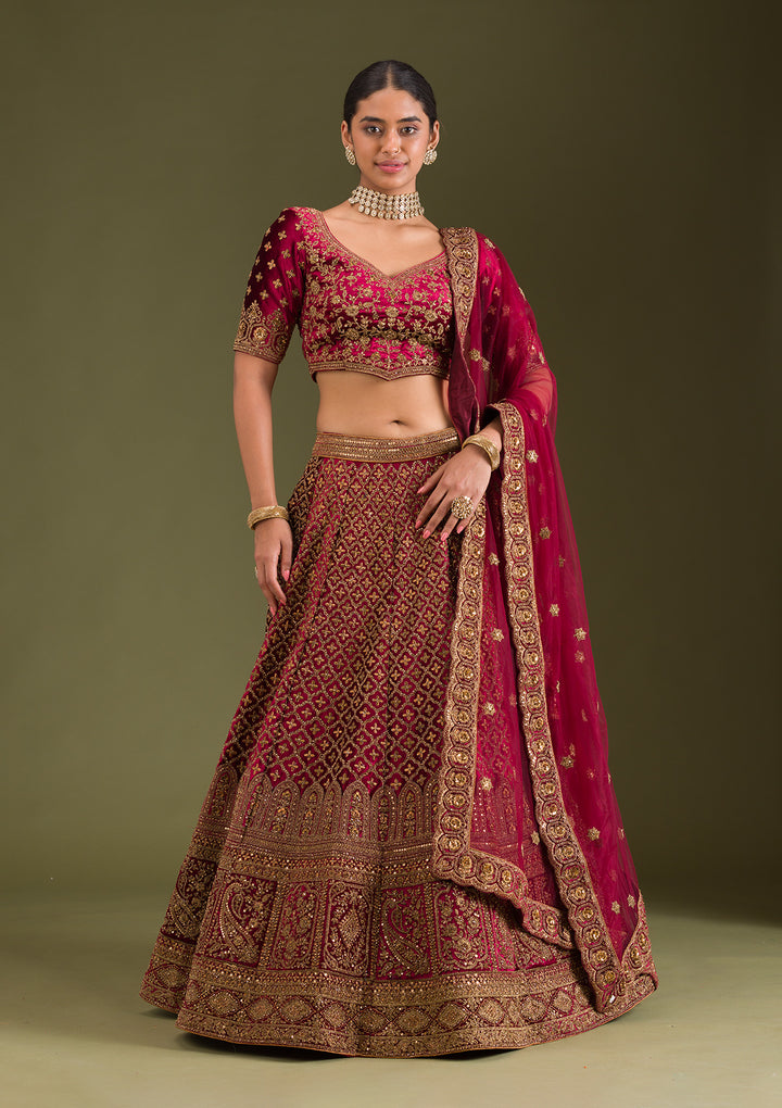 Maroon Zariwork Velvet Semi Stitched Lehenga
