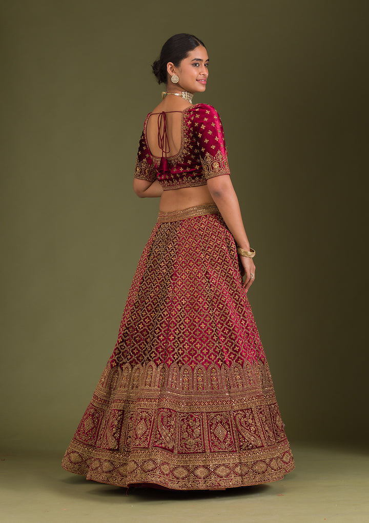 Maroon Zariwork Velvet Semi Stitched Lehenga