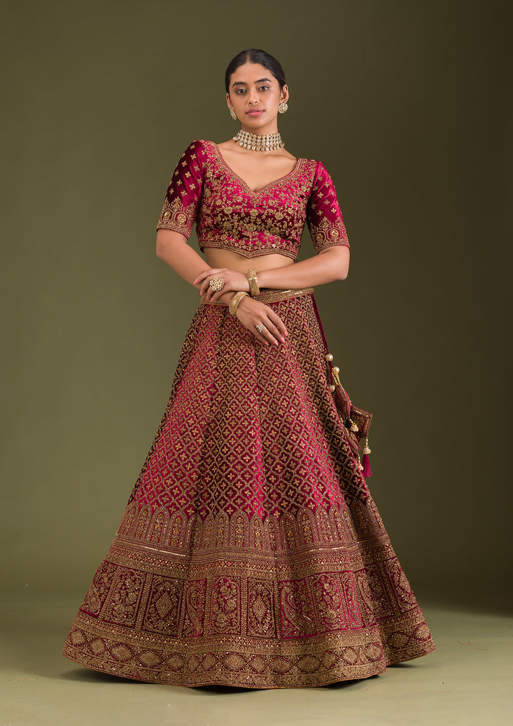 Maroon Zariwork Velvet Semi Stitched Lehenga