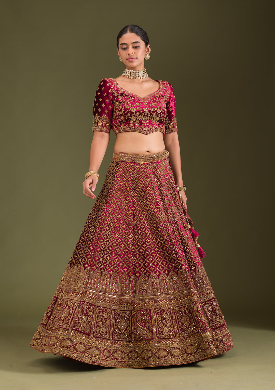 Maroon Zariwork Velvet Semi Stitched Lehenga