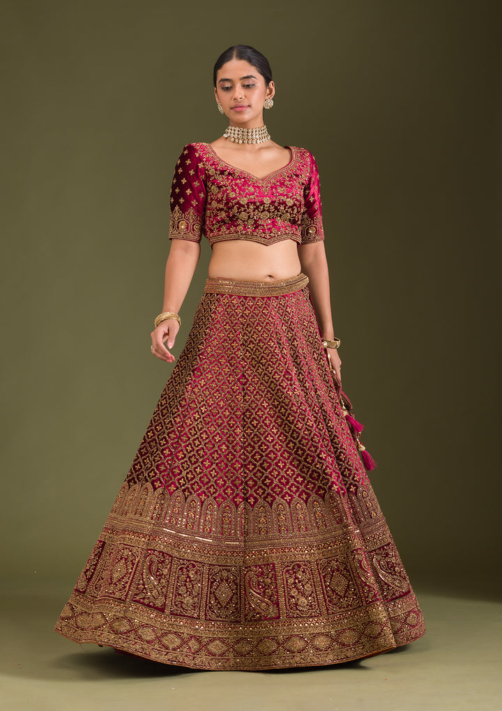 Maroon Zariwork Velvet Semi Stitched Lehenga