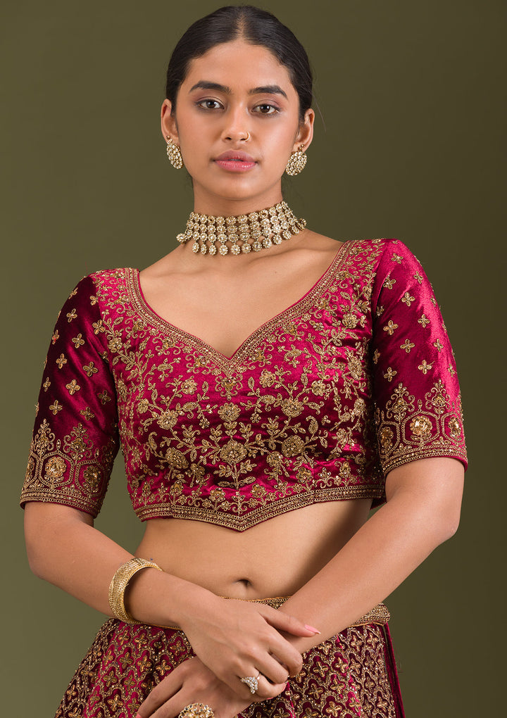 Maroon Zariwork Velvet Semi Stitched Lehenga