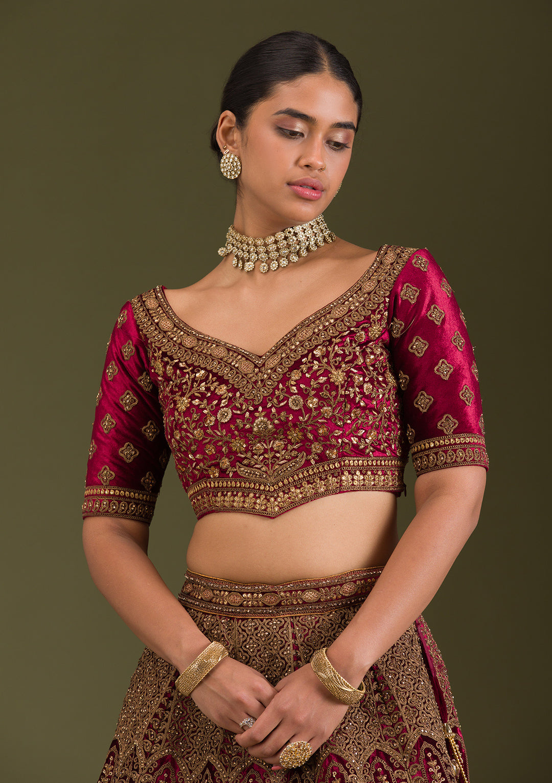 Maroon Zariwork Velvet Semi Stitched Lehenga