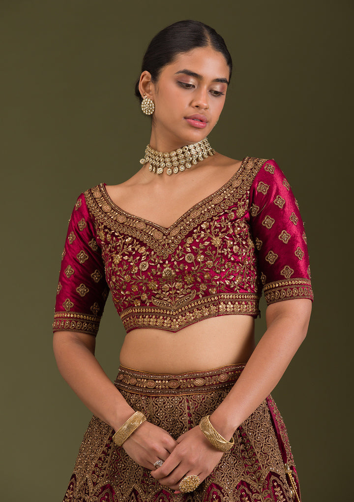 Maroon Zariwork Velvet Semi Stitched Lehenga