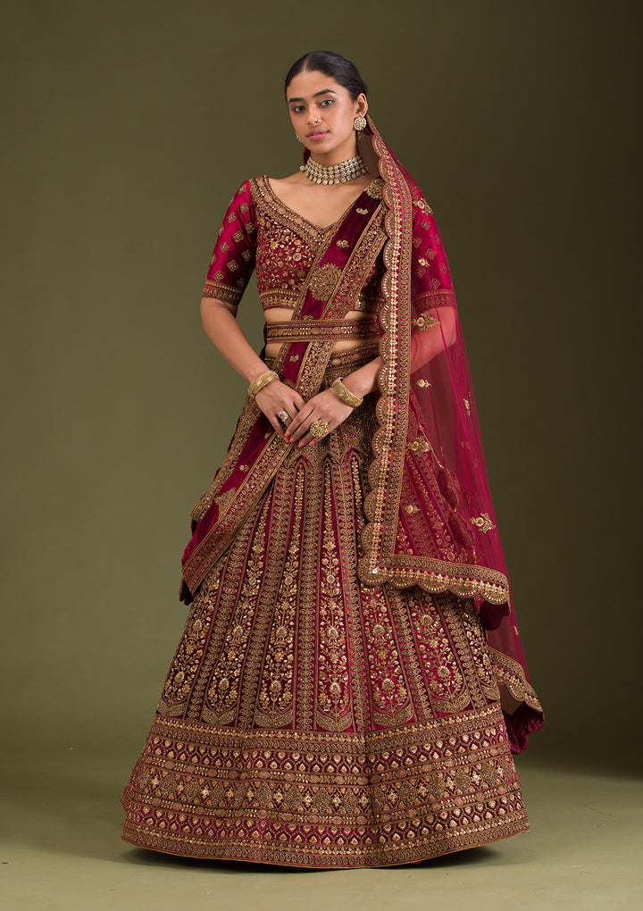 Maroon Zariwork Velvet Semi Stitched Lehenga