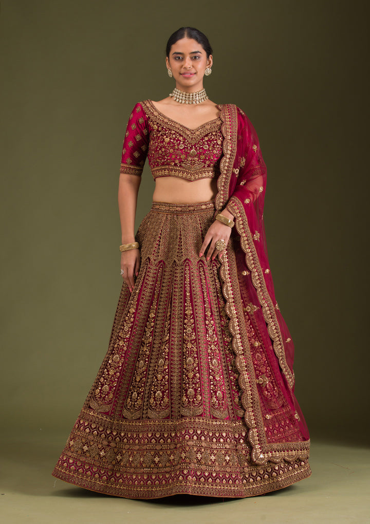 Maroon Zariwork Velvet Semi Stitched Lehenga