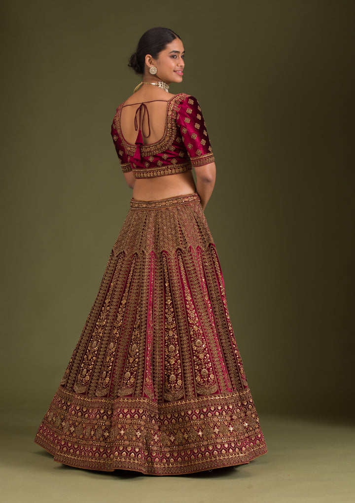 Maroon Zariwork Velvet Semi Stitched Lehenga