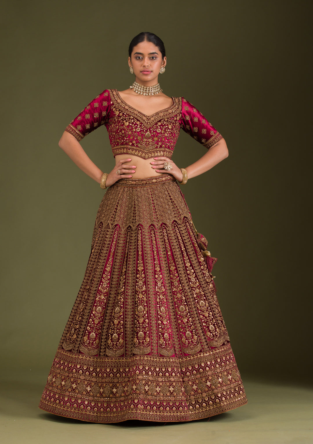 Maroon Zariwork Velvet Semi Stitched Lehenga