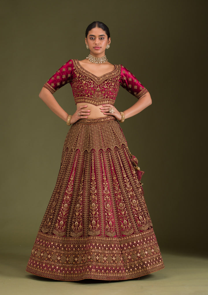 Maroon Zariwork Velvet Semi Stitched Lehenga