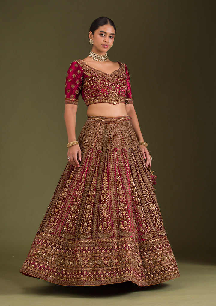 Maroon Zariwork Velvet Semi Stitched Lehenga