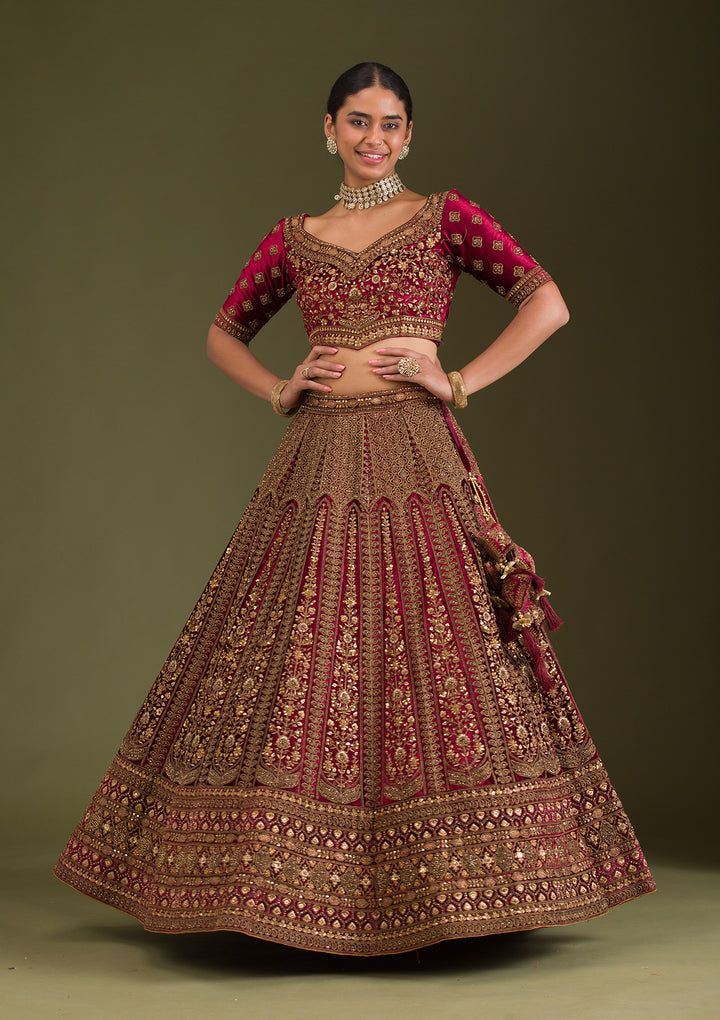Maroon Zariwork Velvet Semi Stitched Lehenga