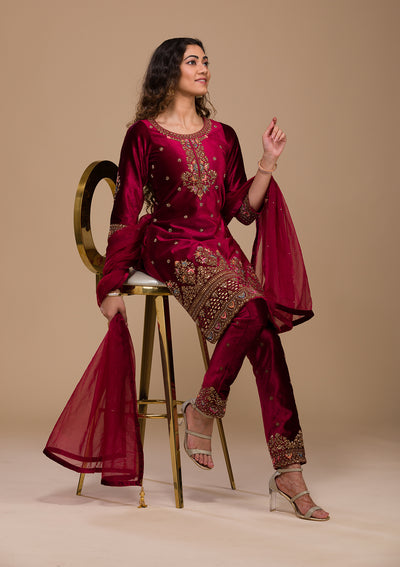 Maroon Zariwork Velvet Readymade Salwar Suit-Koskii