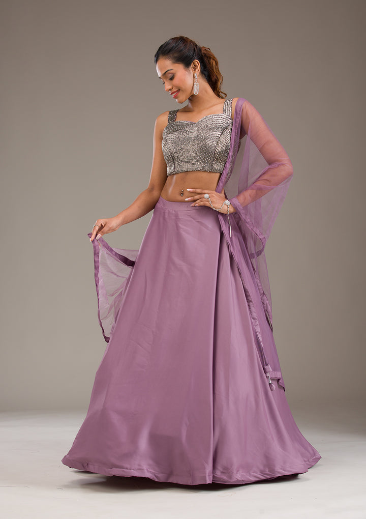 Mauve Cutdana Satin Readymade Lehenga