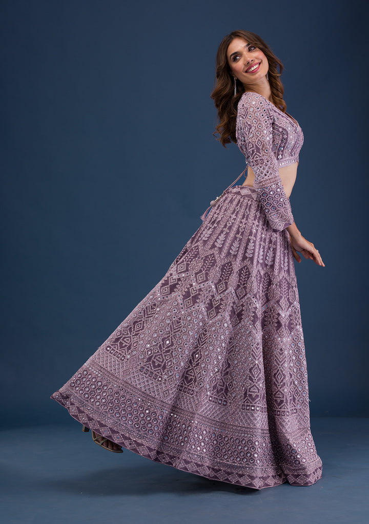 Mauve Mirrorwork Net Readymade Lehenga