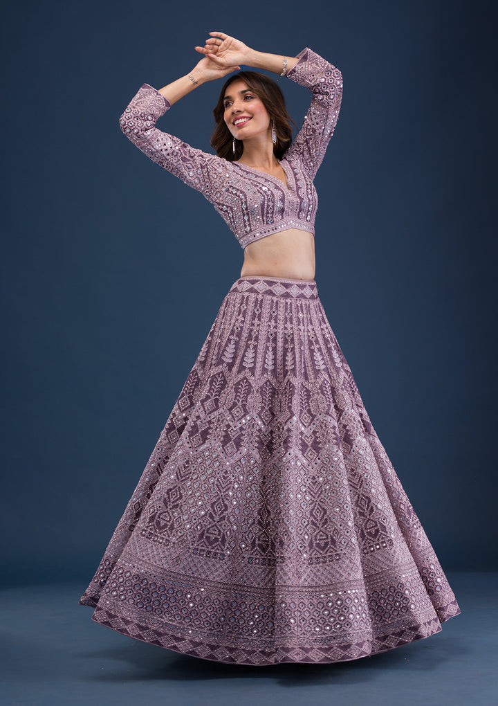 Mauve Mirrorwork Net Readymade Lehenga