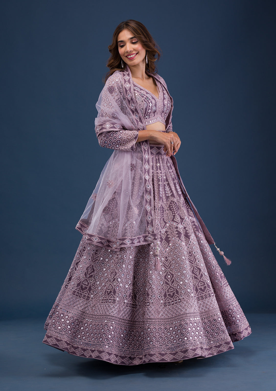 Mauve Mirrorwork Net Readymade Lehenga
