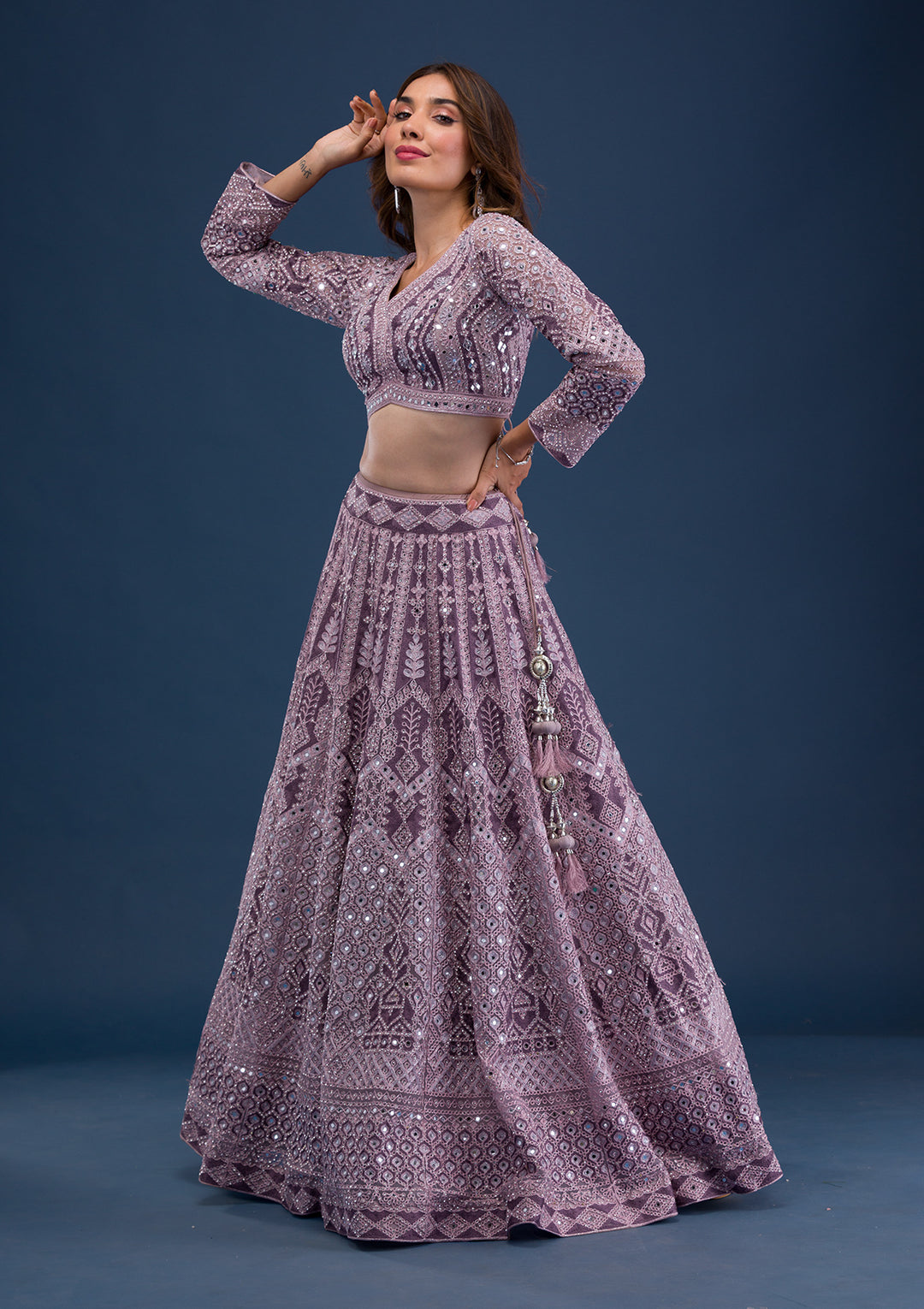 Mauve Mirrorwork Net Readymade Lehenga