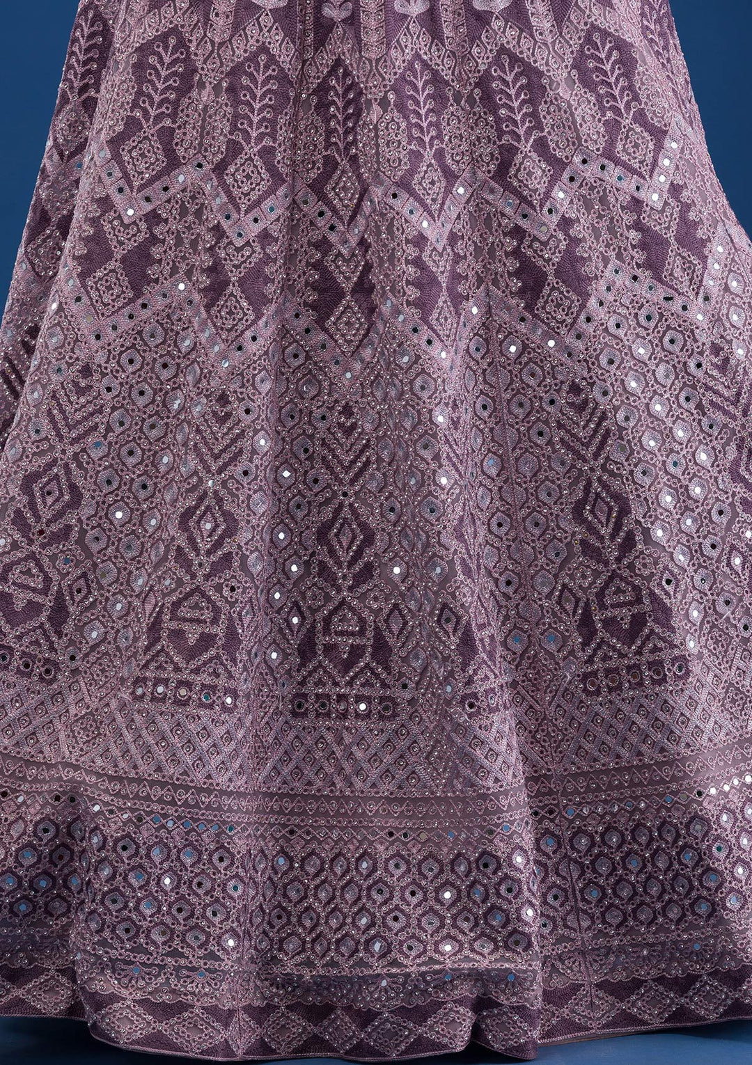 Mauve Mirrorwork Net Readymade Lehenga