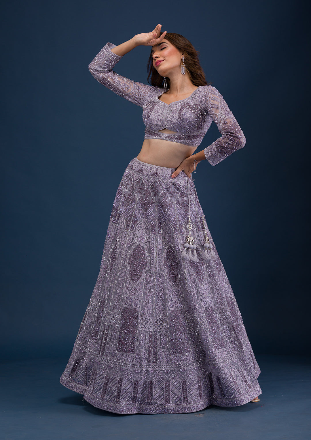 Mauve Pearlwork Net Readymade Lehenga