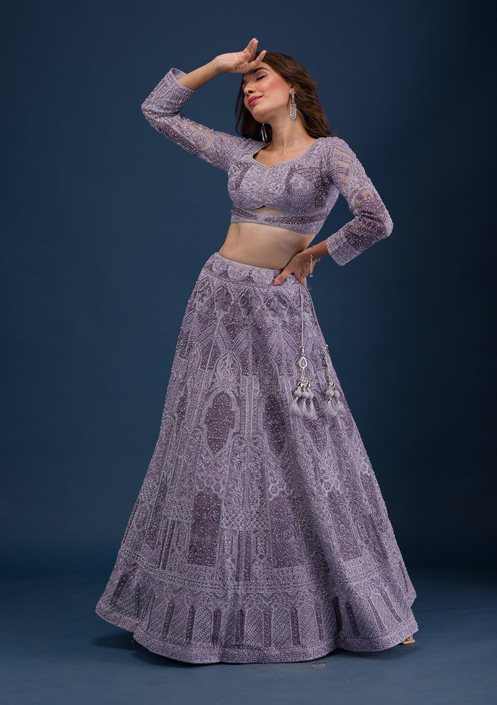 Mauve Pearlwork Net Readymade Lehenga