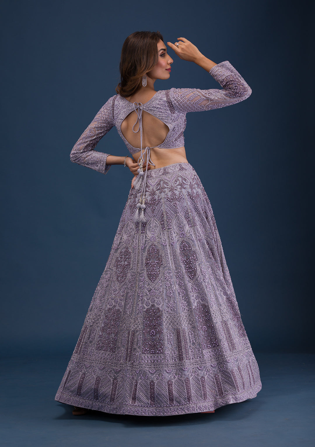 Mauve Pearlwork Net Readymade Lehenga