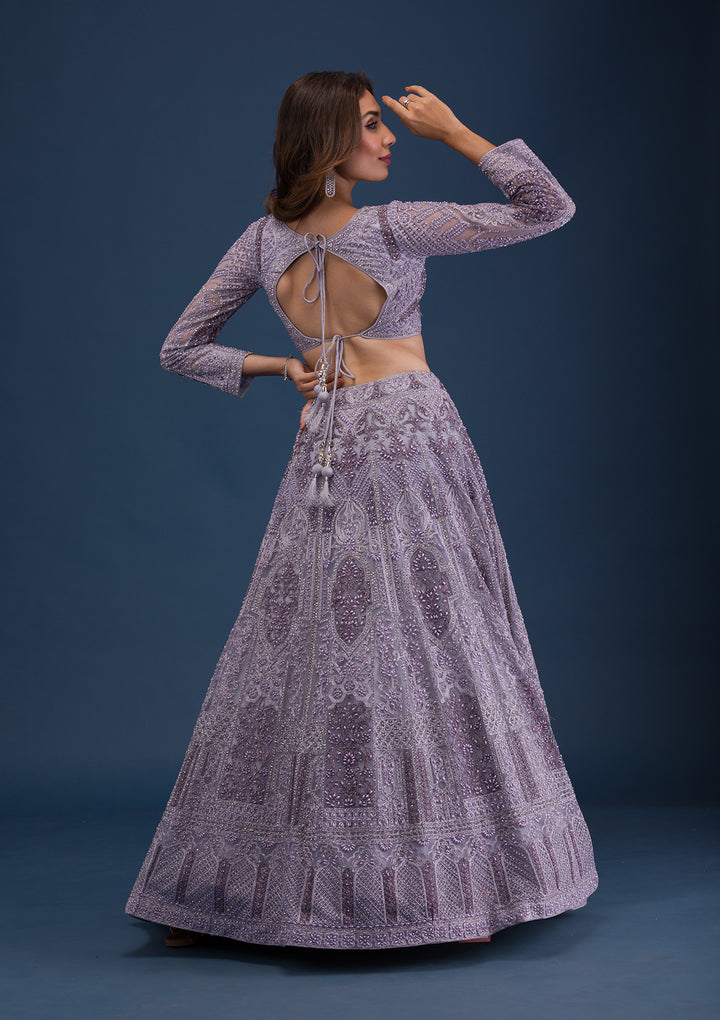 Mauve Pearlwork Net Readymade Lehenga