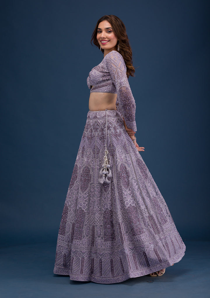 Mauve Pearlwork Net Readymade Lehenga