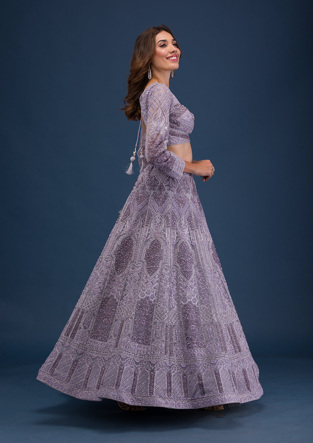 Mauve Pearlwork Net Readymade Lehenga