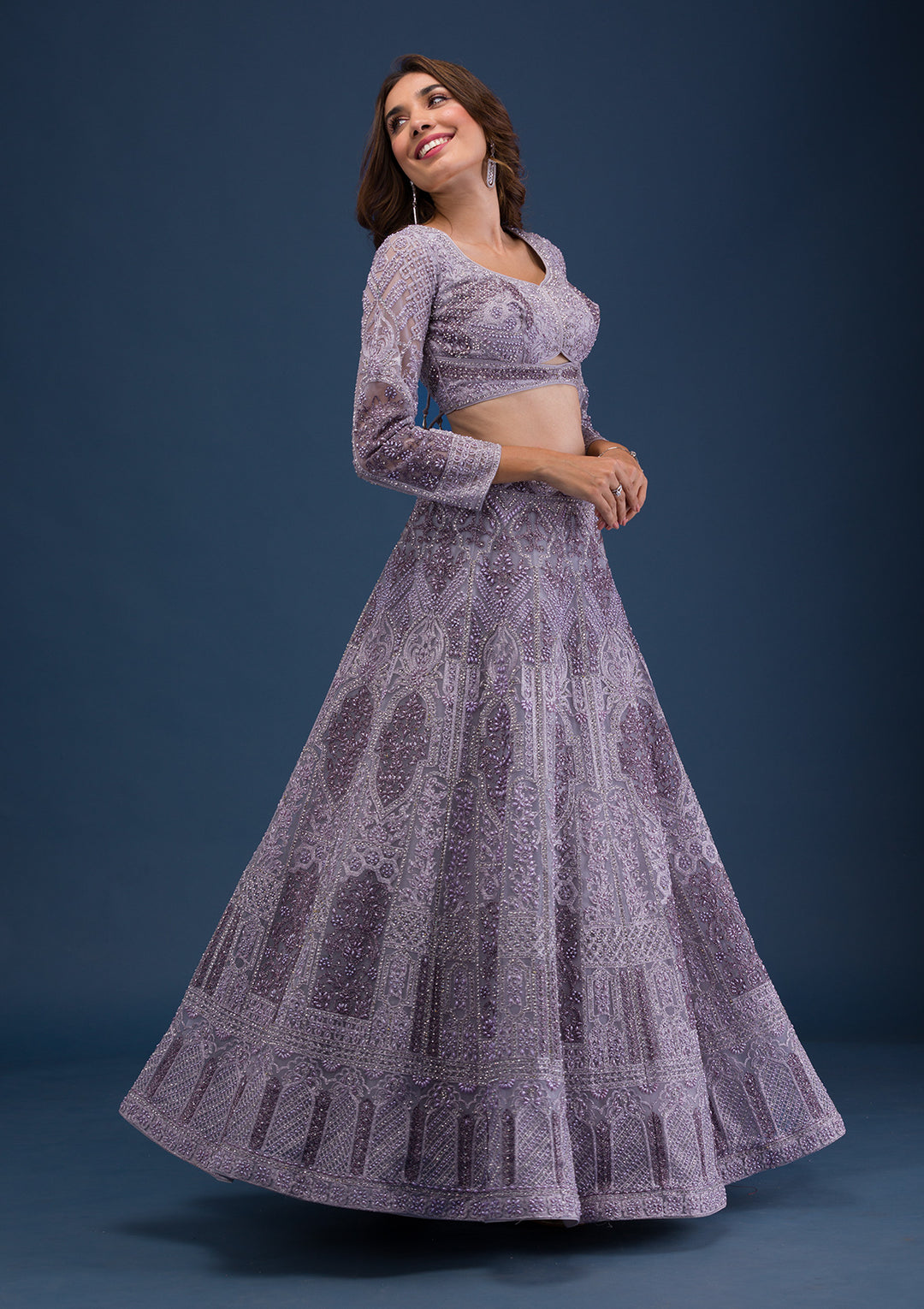 Mauve Pearlwork Net Readymade Lehenga