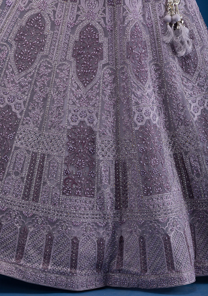 Mauve Pearlwork Net Readymade Lehenga