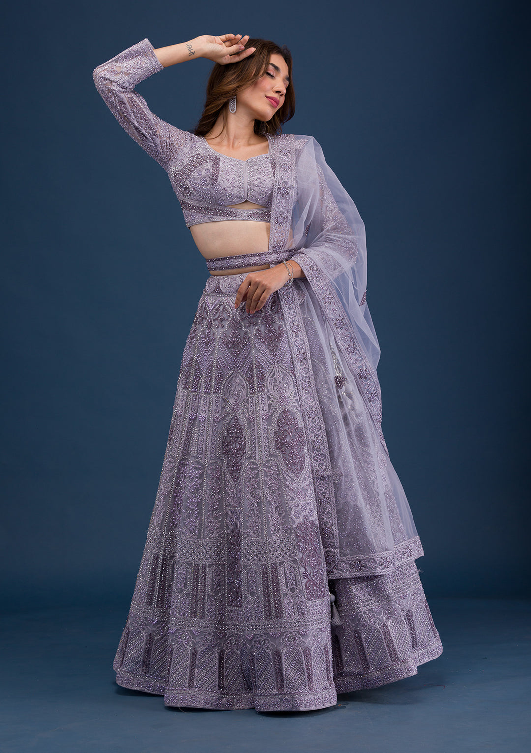 Mauve Pearlwork Net Readymade Lehenga