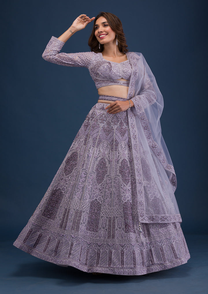 Mauve Pearlwork Net Readymade Lehenga