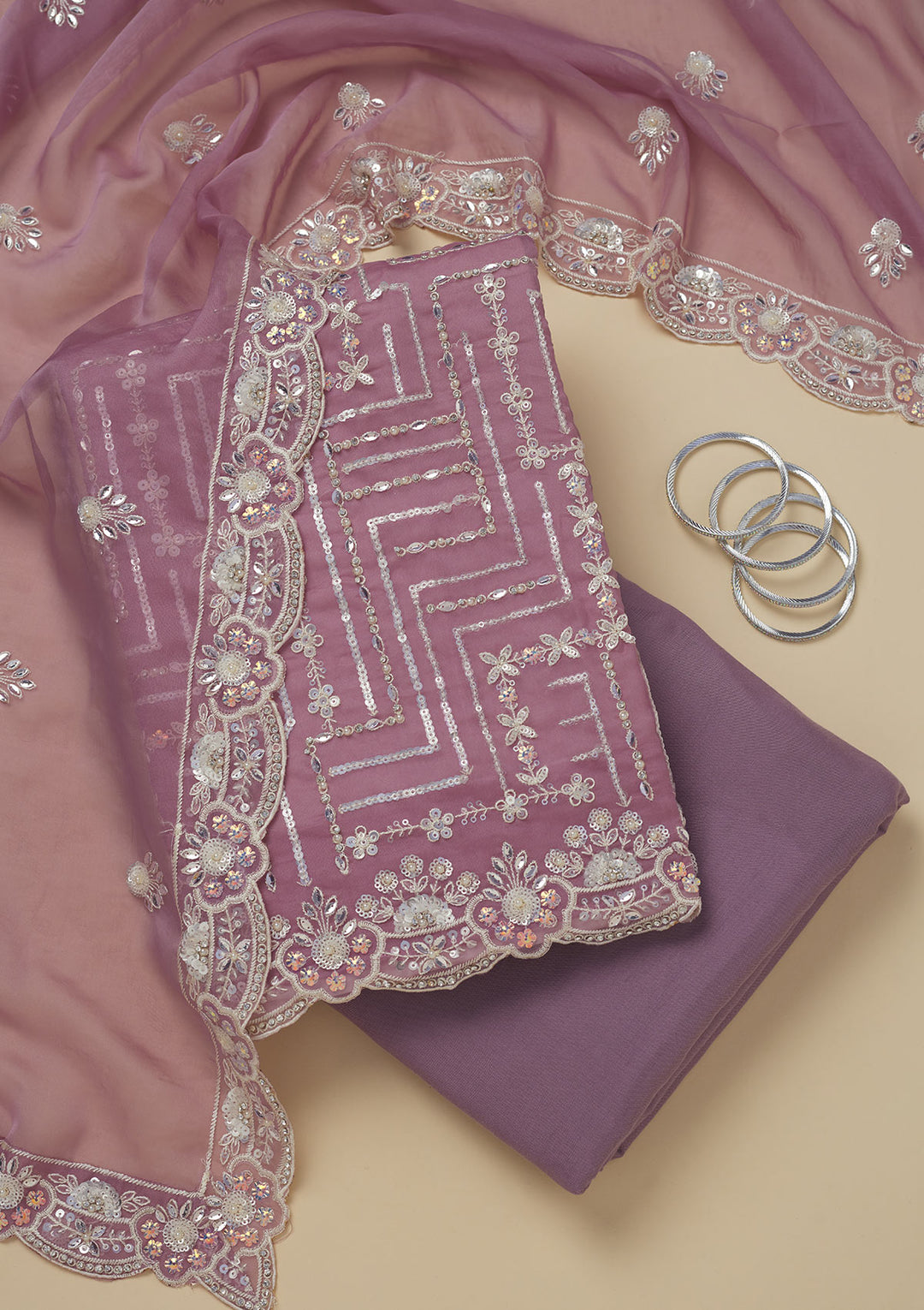 Mauve Sequins Organza Unstitched Salwar Suit