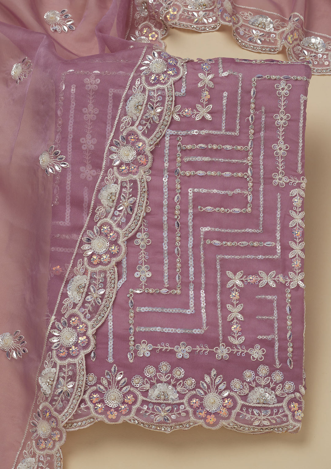 Mauve Sequins Organza Unstitched Salwar Suit