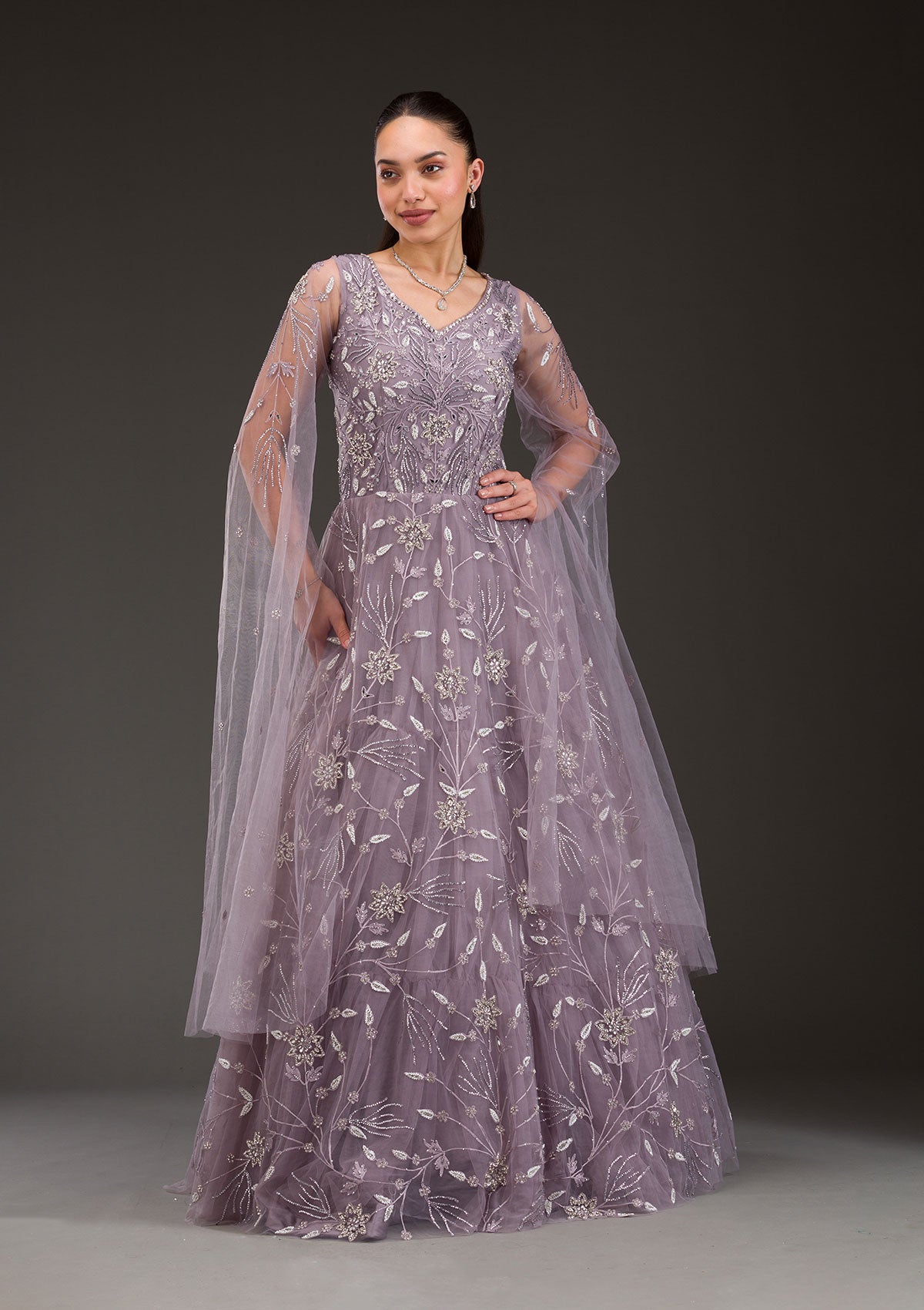 Buy Mauve Silver Stonework Net Gown - Koskii