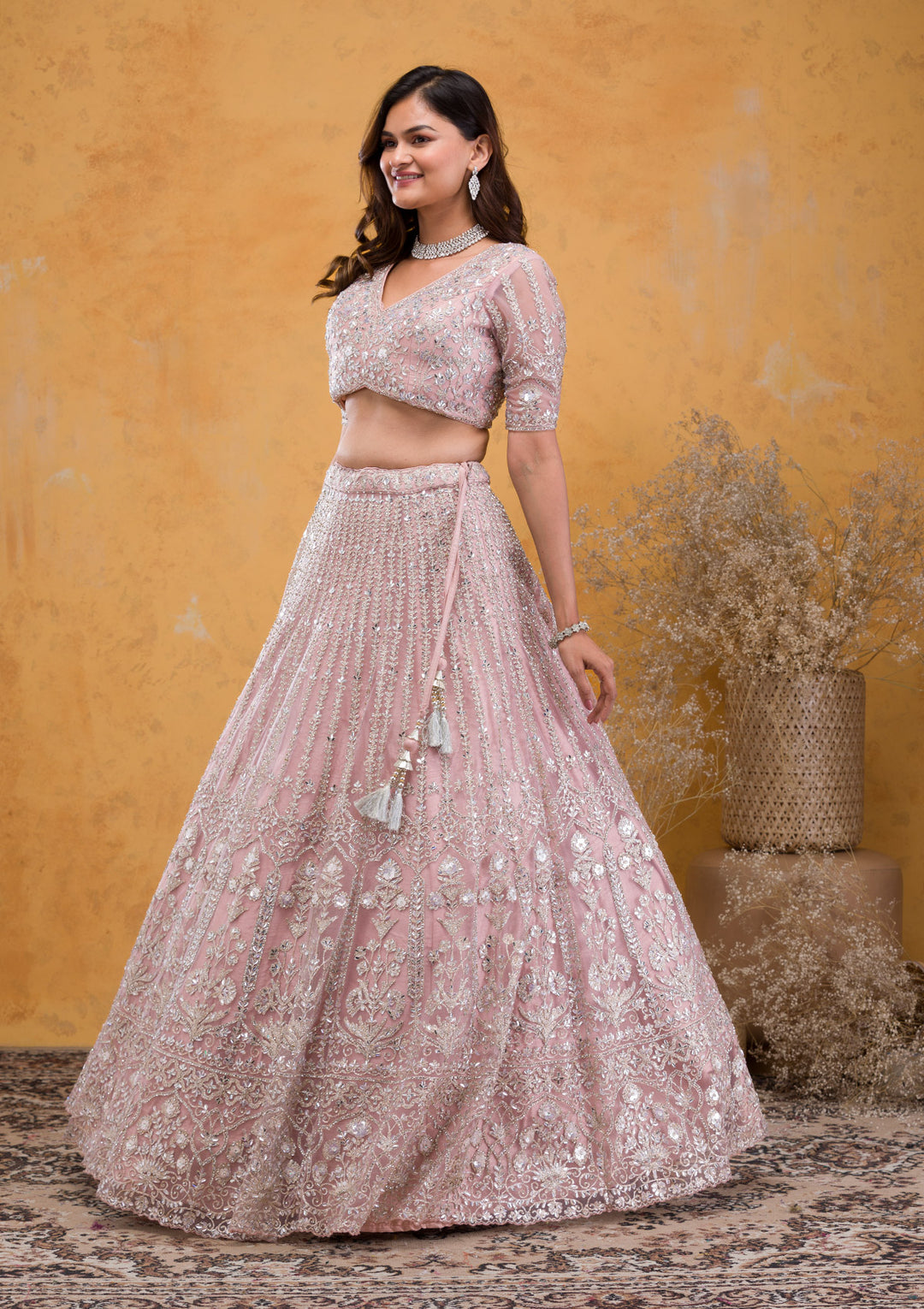 Mauve Stonework Net Readymade Lehenga