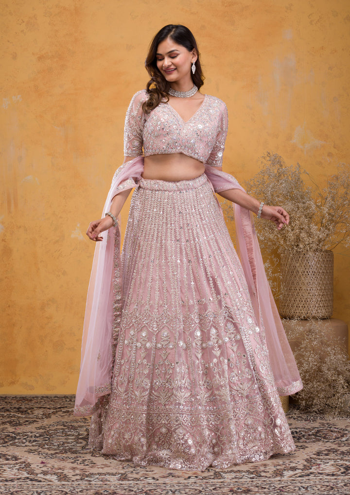 Mauve Stonework Net Readymade Lehenga
