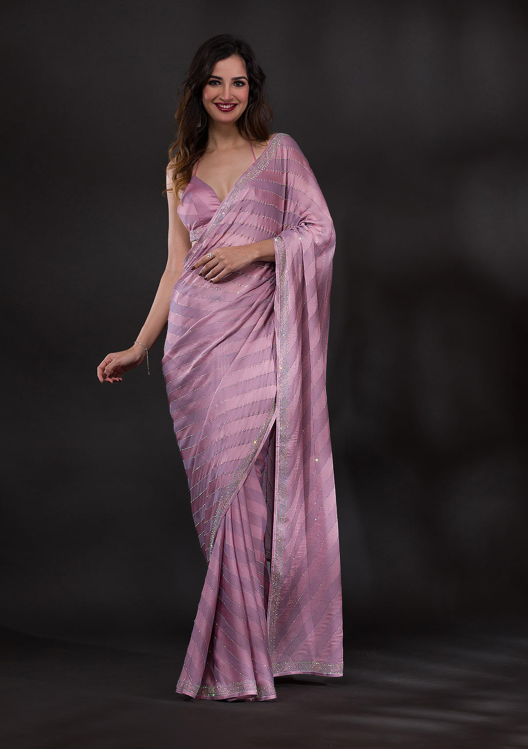 Mauve Swarovski Satin Designer Saree