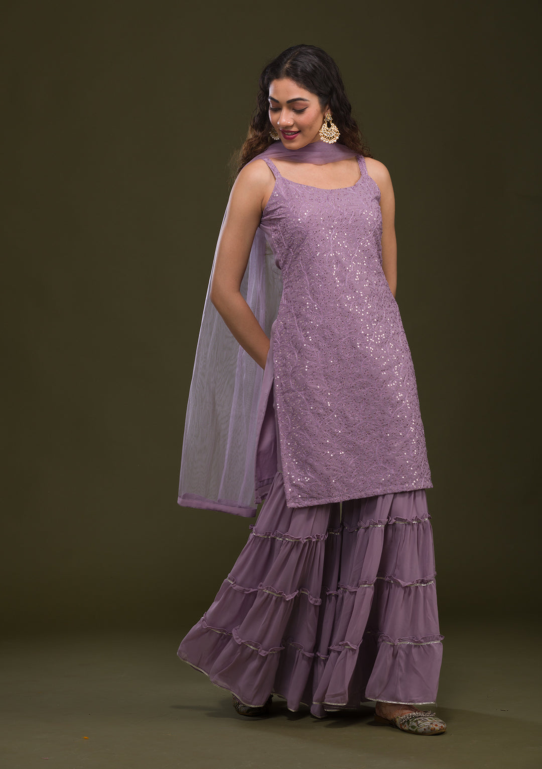 Mauve Threadwork Georgette Readymade Salwar Suit-Koskii