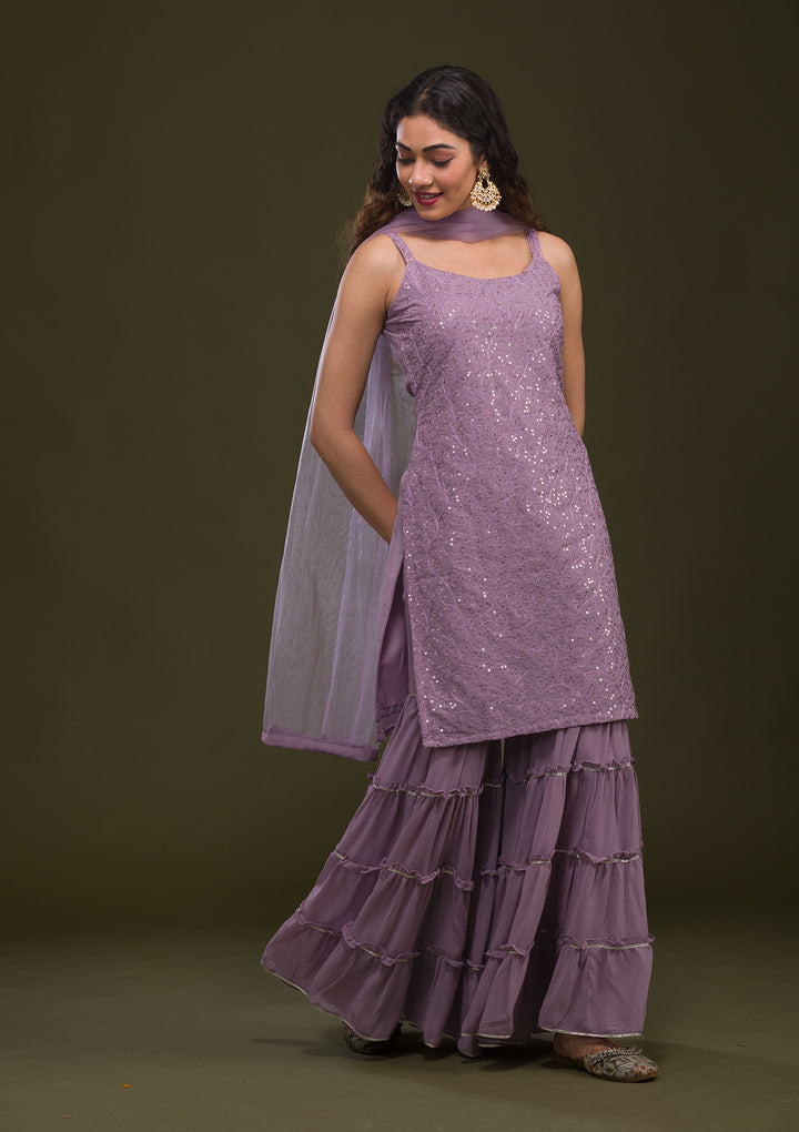 Mauve Threadwork Georgette Readymade Salwar Suit-Koskii