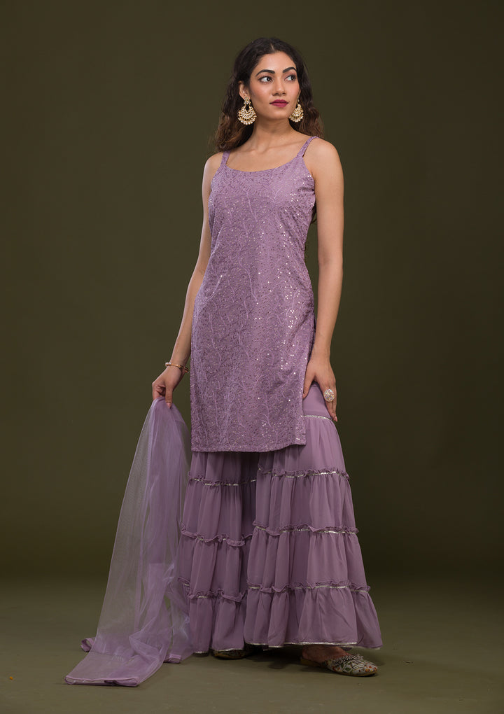 Mauve Threadwork Georgette Readymade Salwar Suit-Koskii