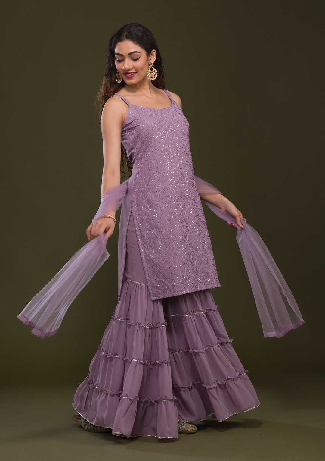 Mauve Threadwork Georgette Readymade Salwar Suit-Koskii