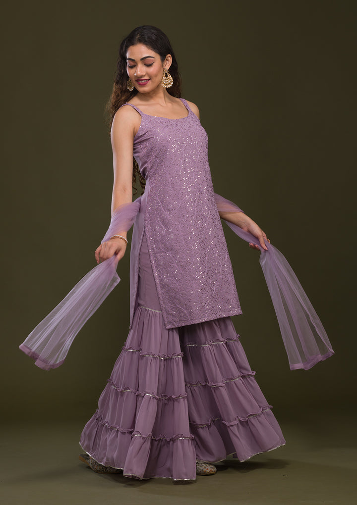Mauve Threadwork Georgette Readymade Salwar Suit-Koskii